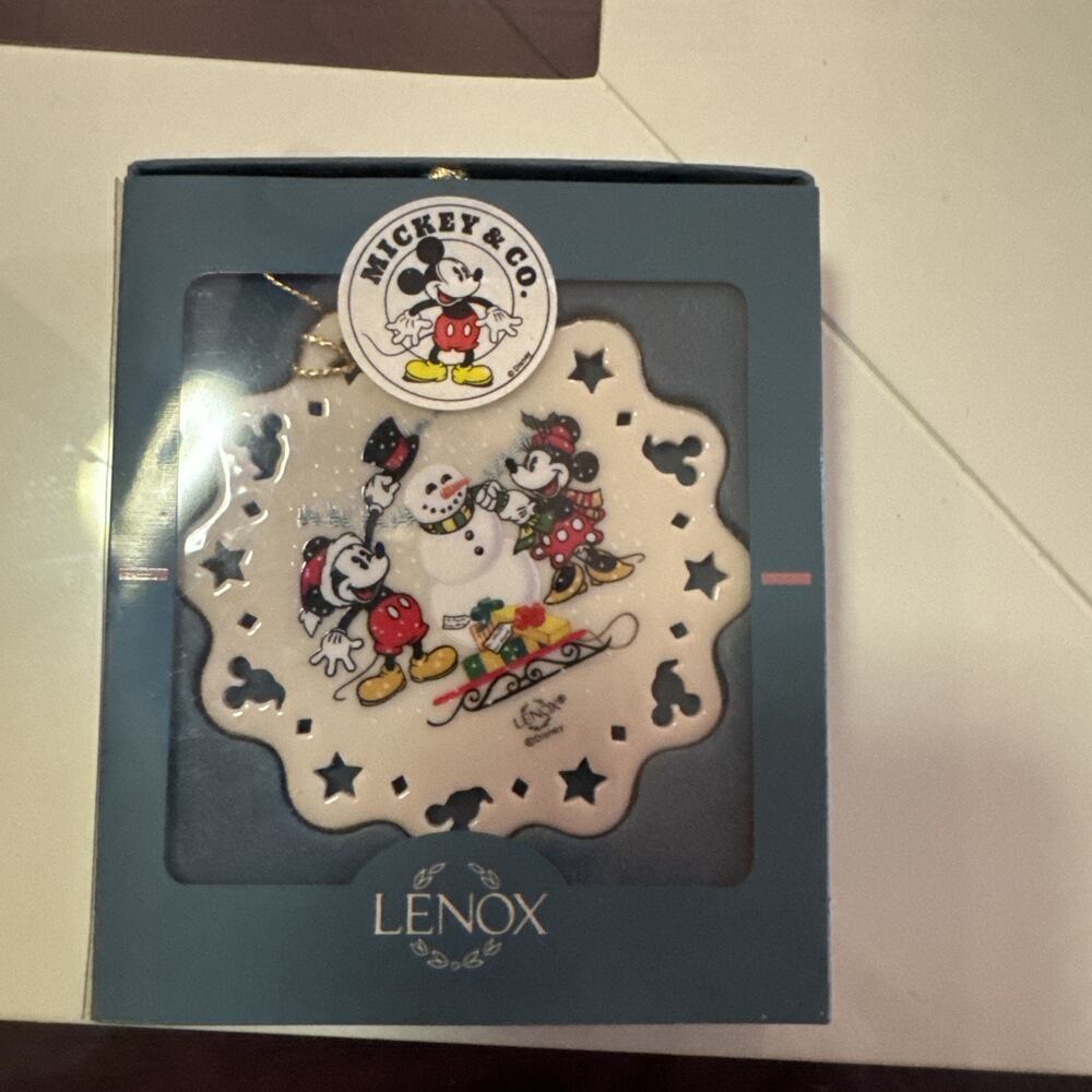 Lenox 3.5” Mickey and Minnie Mouse Build a Snowman Ornament in Box